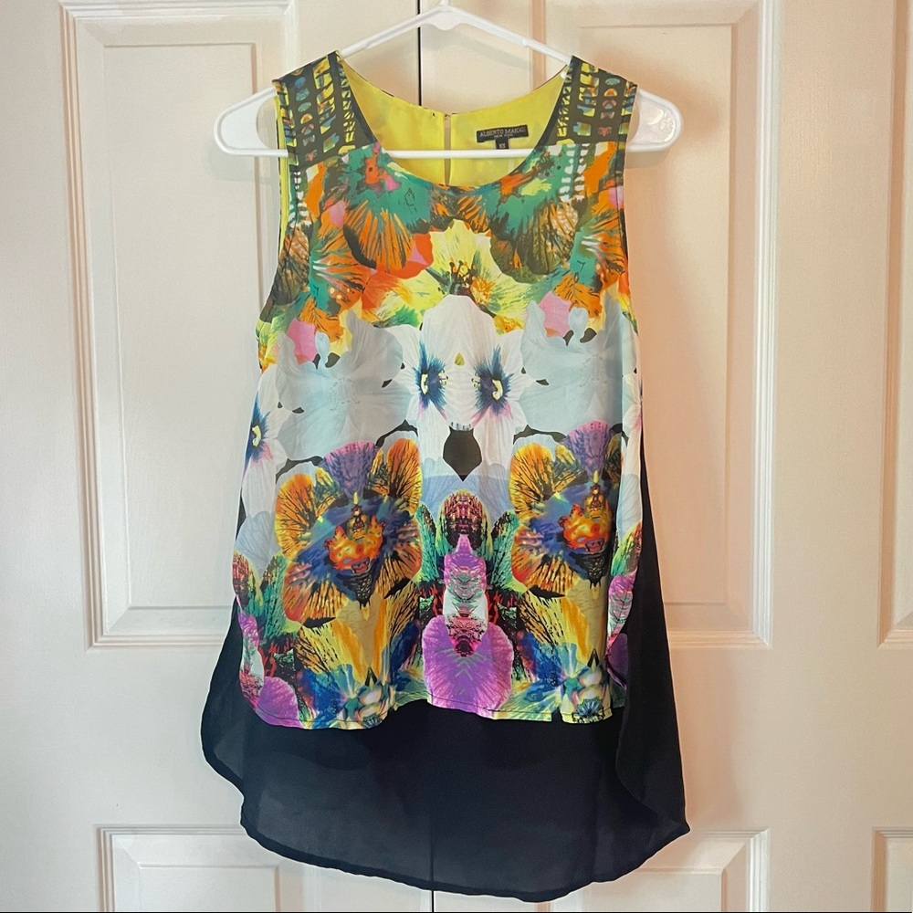 Alberto Malkali black rainbow floral kaleidoscope hi-low polyester tunic
